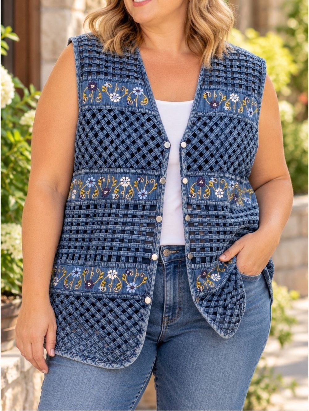 Vintage 90s Denim Woven Cutout Floral Embroidered Vest XL Cottagecore Butter Mom